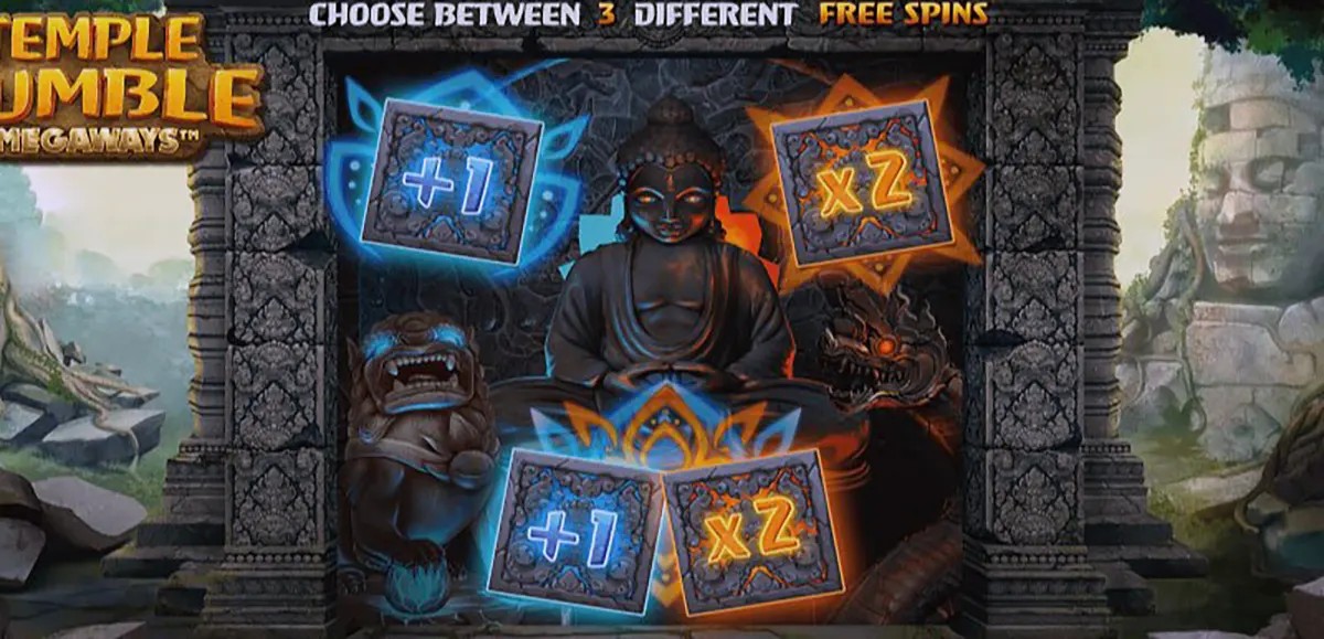 “Temple Tumble Megaways bonus selection screen shows a seated stone Buddha between guardian statues, with glowing choice tiles offering +1 free spins or x2 multiplier inside an ancient temple frame.”