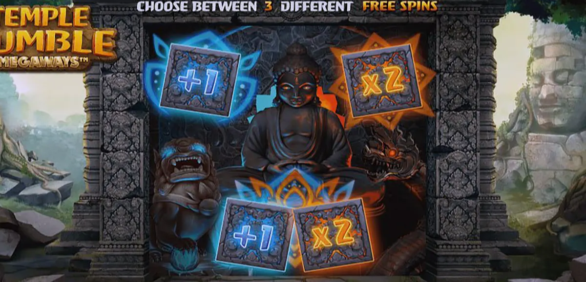 “Temple Tumble Megaways bonus selection screen shows a seated stone Buddha between guardian statues, with glowing choice tiles offering +1 free spins or x2 multiplier inside an ancient temple frame.”